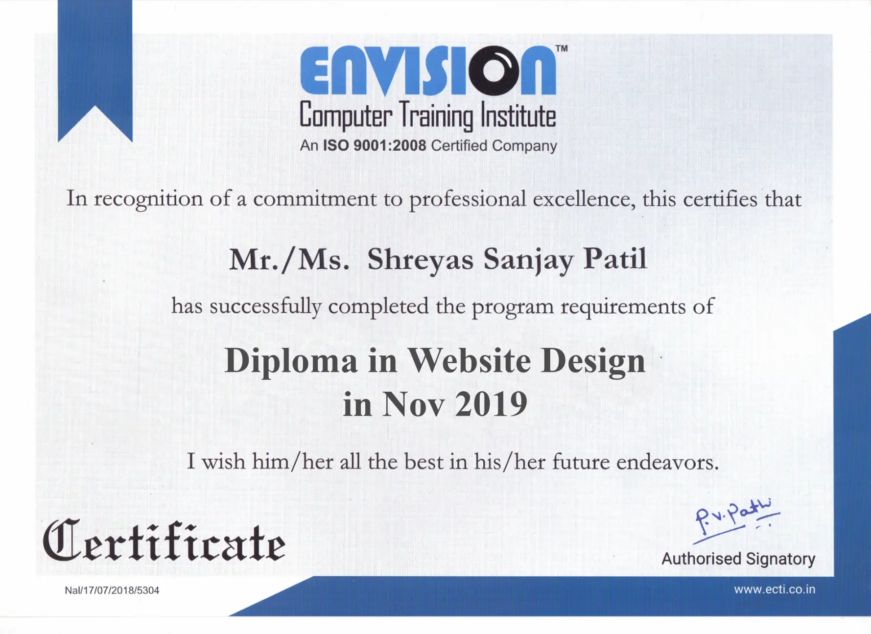 shreyas patil website design certificate